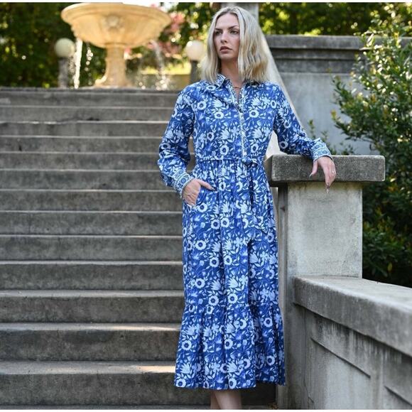 Sohana Dresses & Skirts - Sohana Cam Dress Morning Glory Blue Maxi Small Boho Cotton Floral Tie Waist Boho